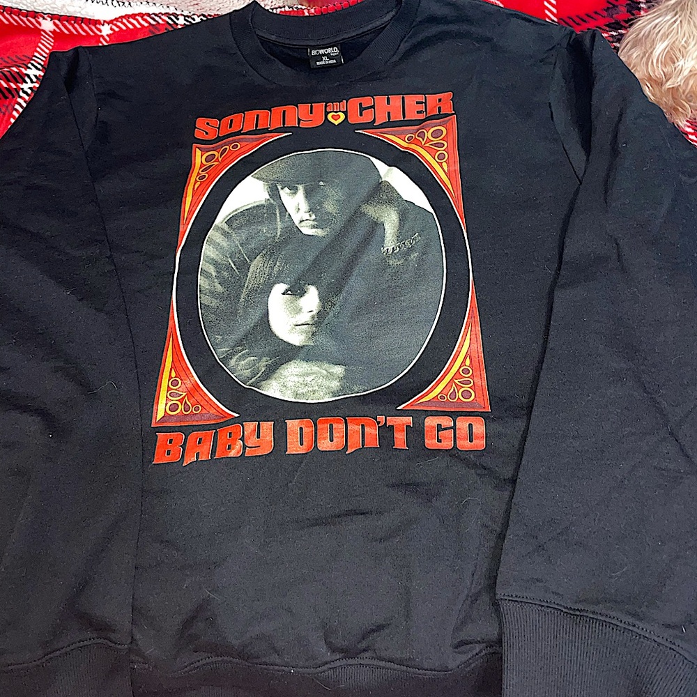 Sonny Bono and Cher black crewneck sweatshirt.